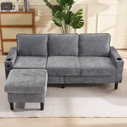 Divano Angolare 3 Posti con USB e USB-C, Portabicchieri e Tasche Laterali, in Lino Grigio 202 × 137 × 80 cm