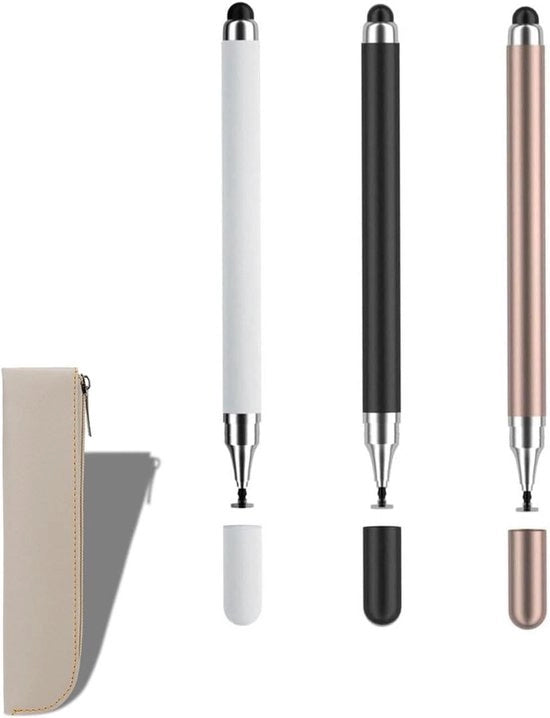 Set di Stili per Touchscreen 3 pezzi - Confezione in Pelle con Cerniera - Adatto per Telefoni Cellulari e Tablet - Portatile