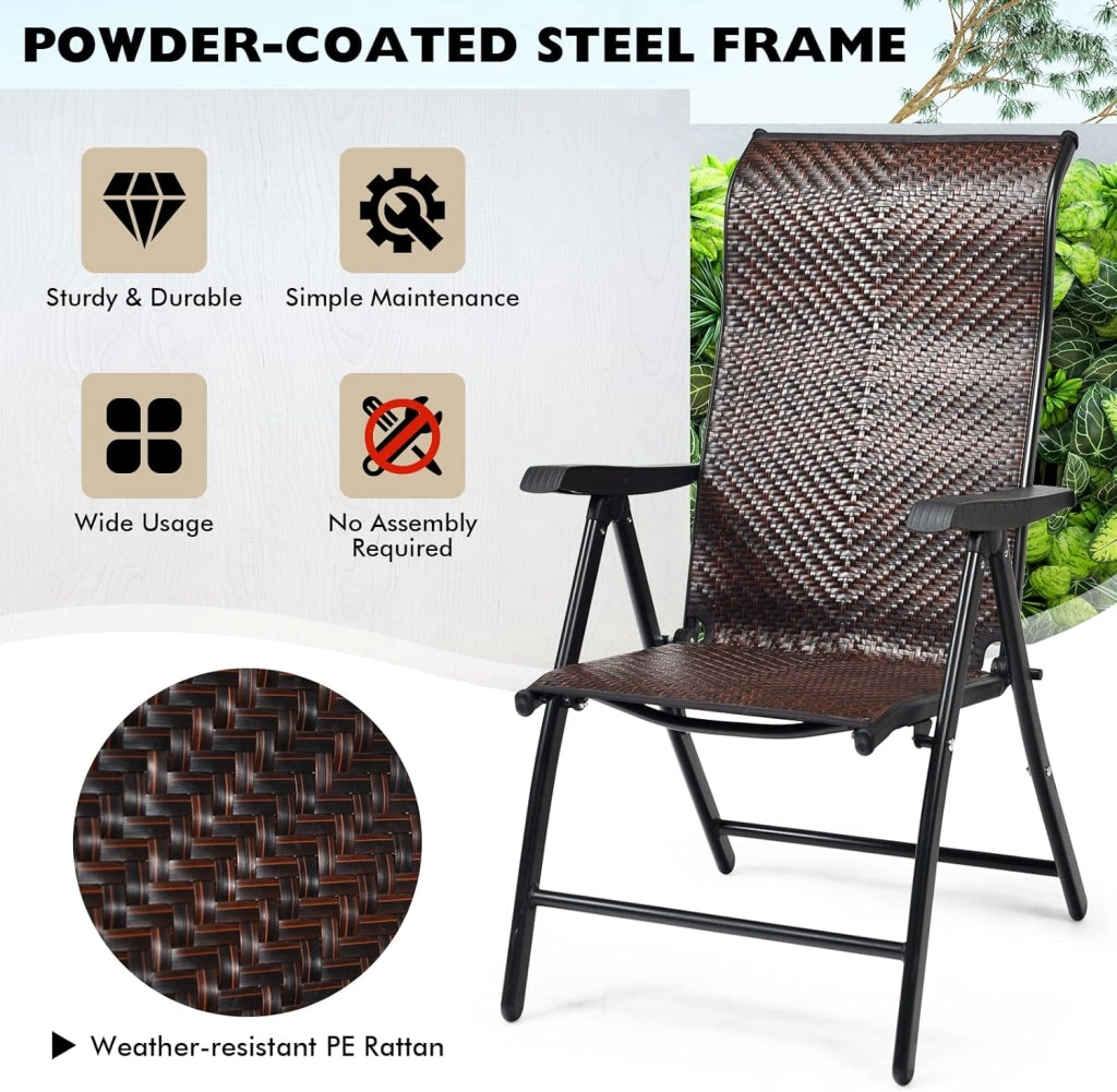 Set di 2 sedie da giardino in rattan con schienale regolabile, sedia pieghevole da giardino, sedia da pranzo, ergonomica, con braccioli, per giardino, balcone