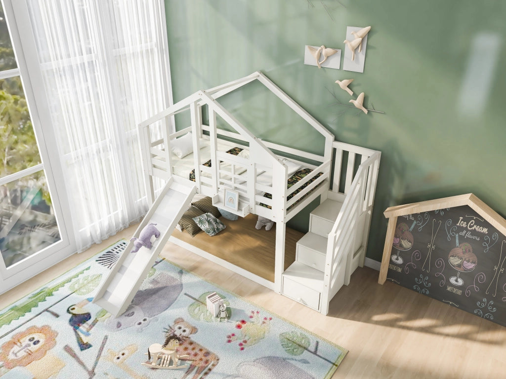 DESMIU Litto a castello bambini 90 × 200 cm con scivolo, vani e barriere, senza materasso, bianco