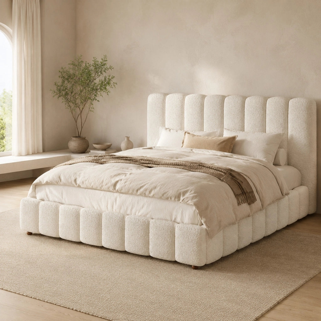 Letto matrimoniale contenitore 180x200 cm in bouclé bianco