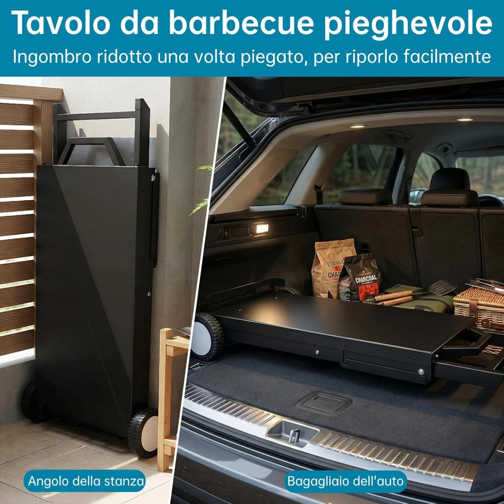 Carrello Barbecue Pieghevole con Ripiano Staccabile, 102x39cm Supporto Portatile con 2 Ruote, Tavolo Stabile per BBQ, per Esterno da Campeggio, Picnic e Giardino, Montaggio Facile, Nero