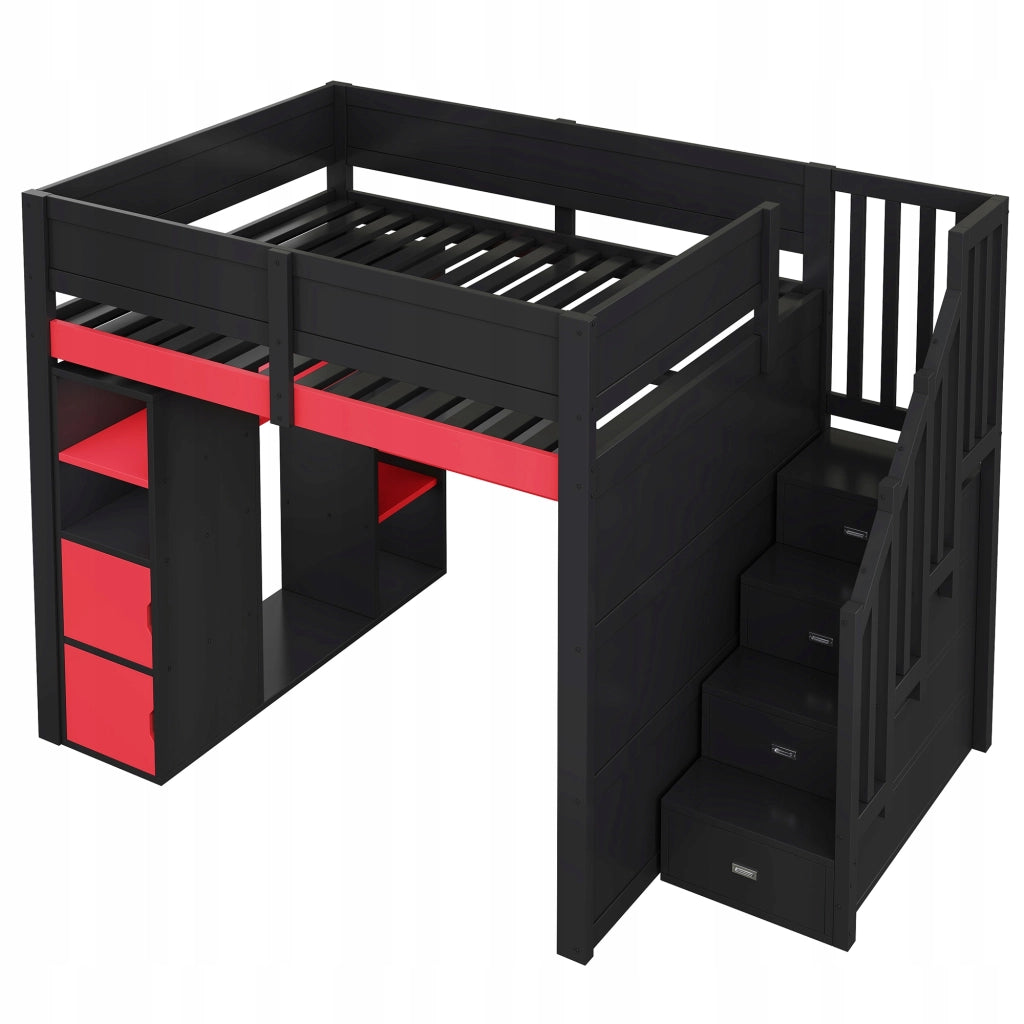 Letto a castello 140x200 - Xylo - Nero rosso scrivania LED USB