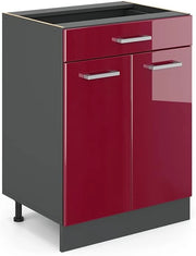 Mobiletto base per cucina R-Line, Rosso lucido, 60 cm con cassetto, senza piano di lavoro, per la libera combinazione all'interno di sistemi cucina modulari