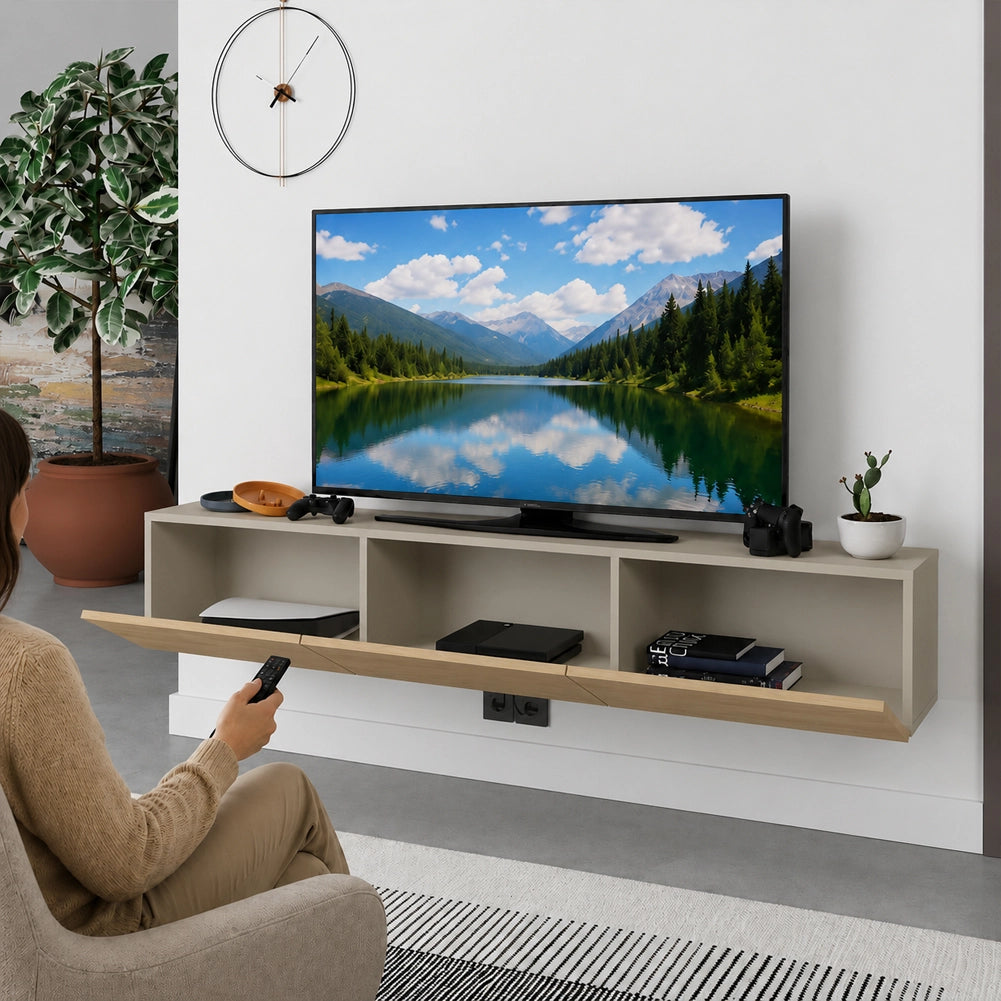 Mobile TV sospeso 180x30cm FRANCY Quercia e Sabbia 3 Ante a Ribalta Parete