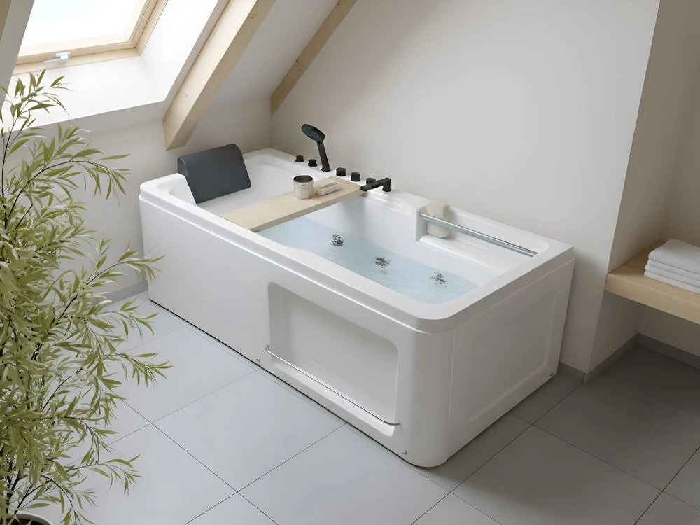 Vasca idromassaggio in acrilico bianco e legno di quercia 1800 x 860 mm con poggiatesta massaggiante e vaschetta da bagno inclusa