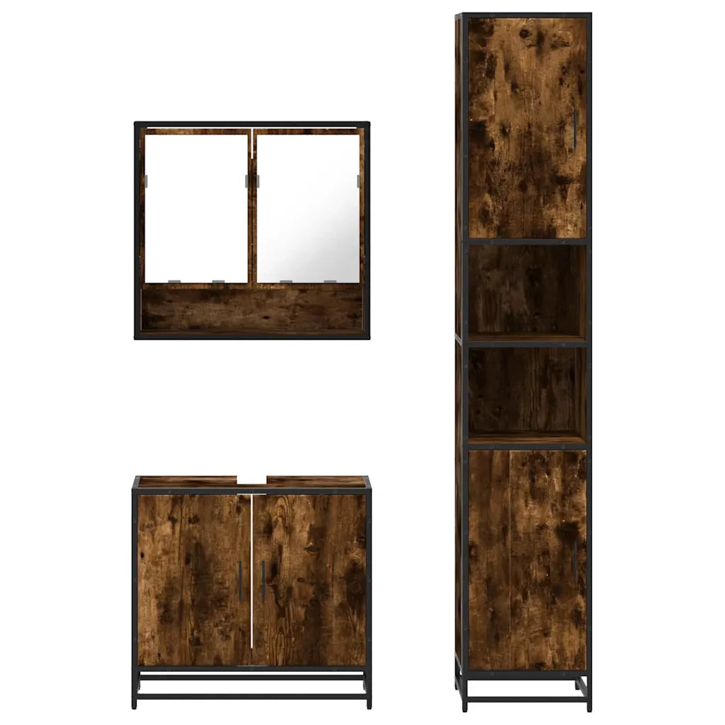 Set Mobili da Bagno | Armadio da bagno 3 pz Rovere Fumo in Legno Multistrato