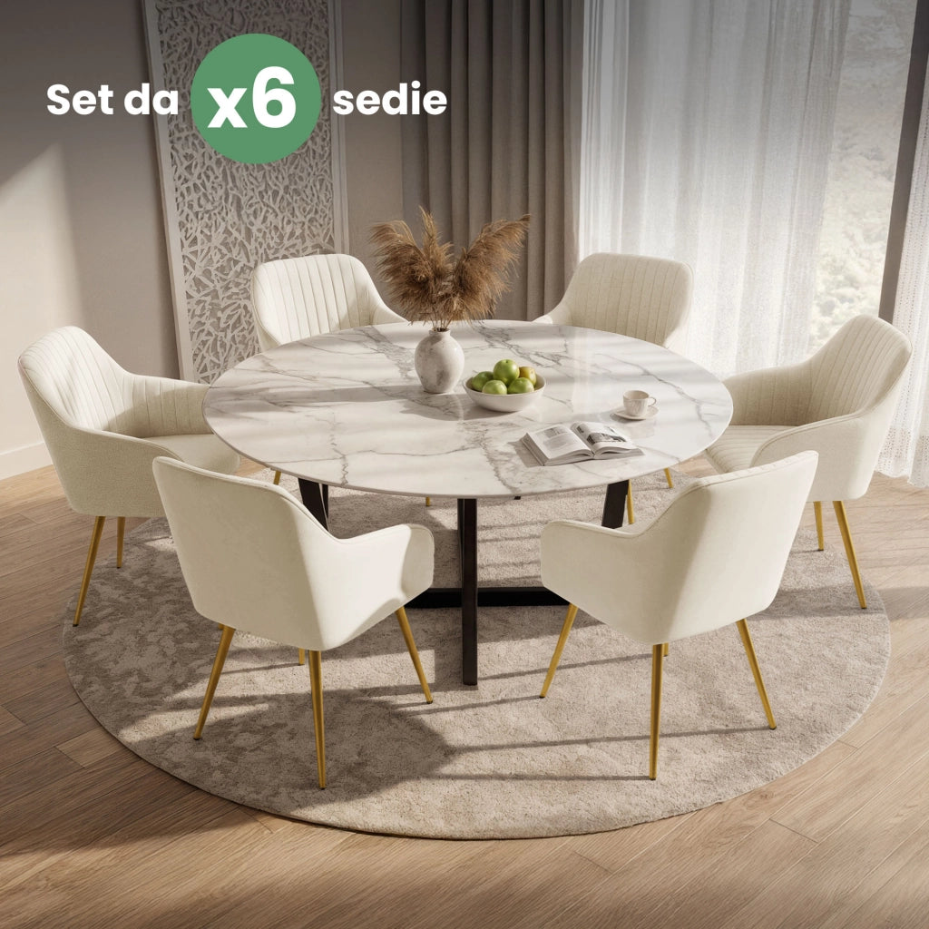 Set di 6 Sedie in velluto con cuciture verticali FLORENCE Crema gambe oro