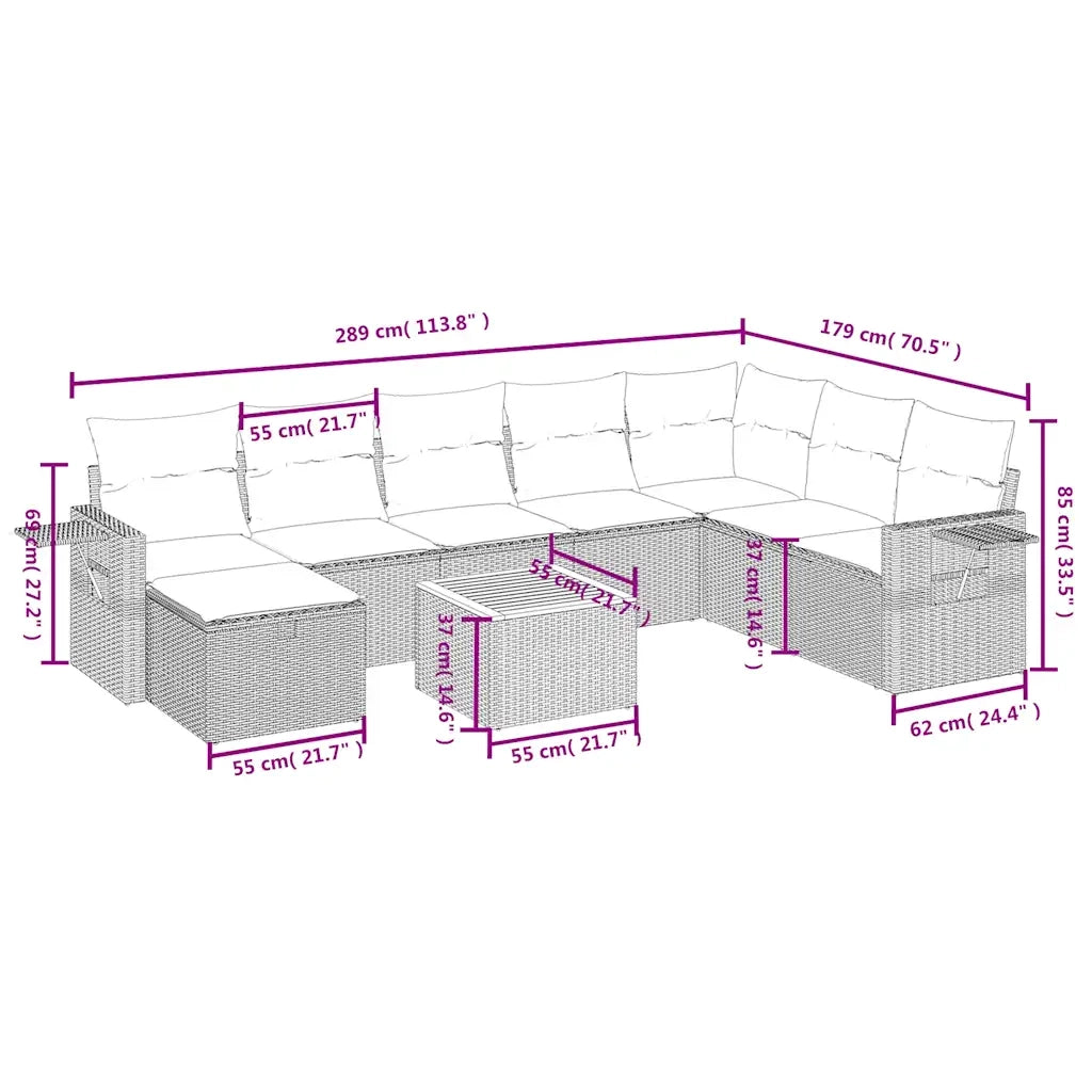 Set Divano da Giardino 9 pz con Cuscini Beige in Polyrattan 3264985