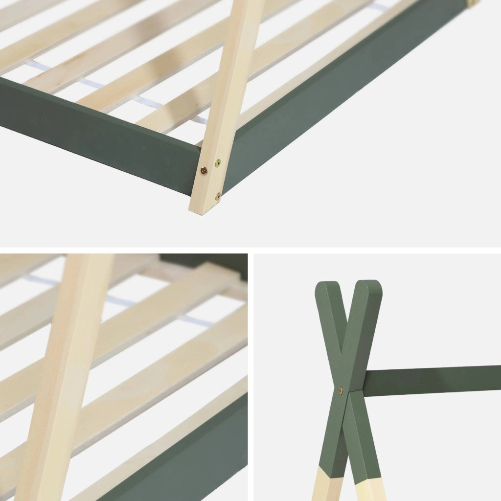 Letto tenda per bambini 190cm pino naturale, base inclusa, verde