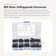 Viti Autoalimentanti 800 Pezzi - Acciaio di Carbonio - Testa Piatta - Scatola di Conservazione - Nero - Alta Durezza