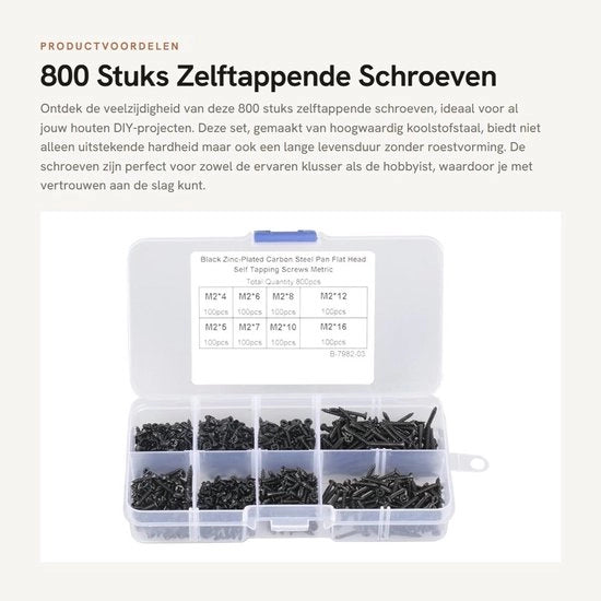 Viti Autoalimentanti 800 Pezzi - Acciaio di Carbonio - Testa Piatta - Scatola di Conservazione - Nero - Alta Durezza