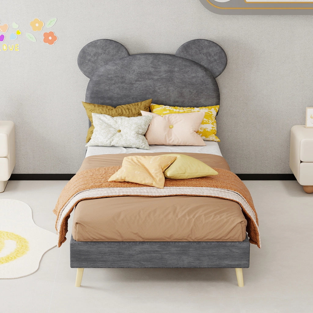 DESMIU Letto per bambini 90 × 200 cm con testiera cartoon, vano pneumatico, senza materasso, grigio