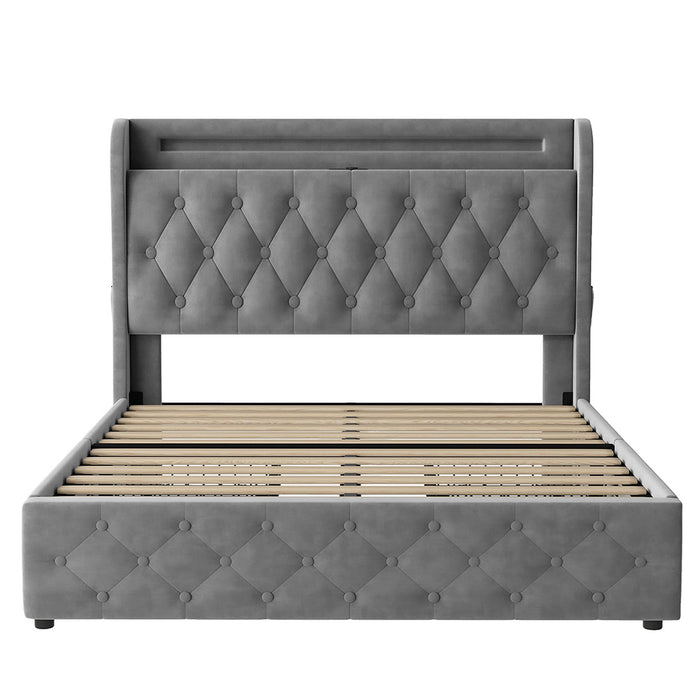 Letto imbottito 140x190 - Xylo - LED, USB, testiera con scaffali, 4 cassetti, velluto