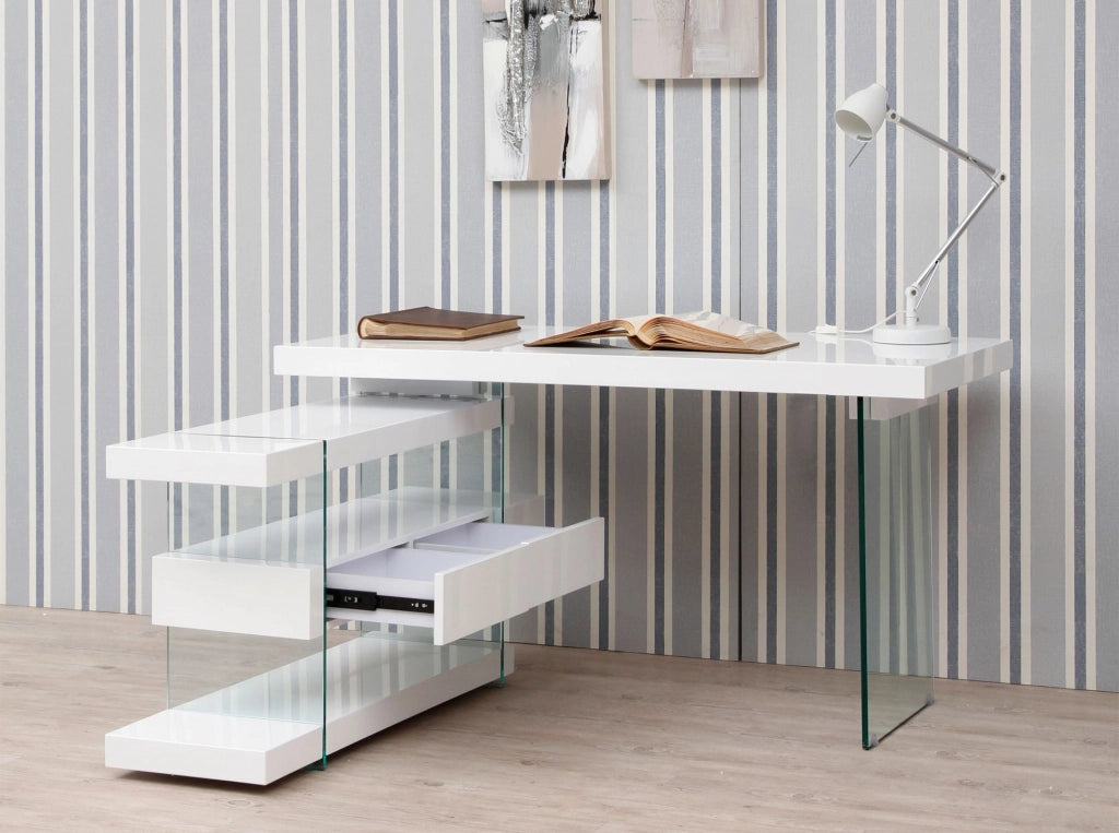 Scrivania in legno bianco e vetro temperato