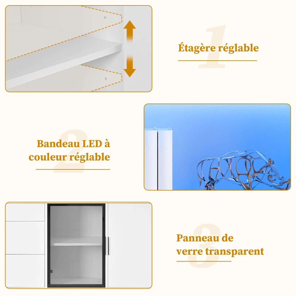 Credenza con 3 cassetti e vetrina LED - per soggiorno - 160x36x78 cm - bianco