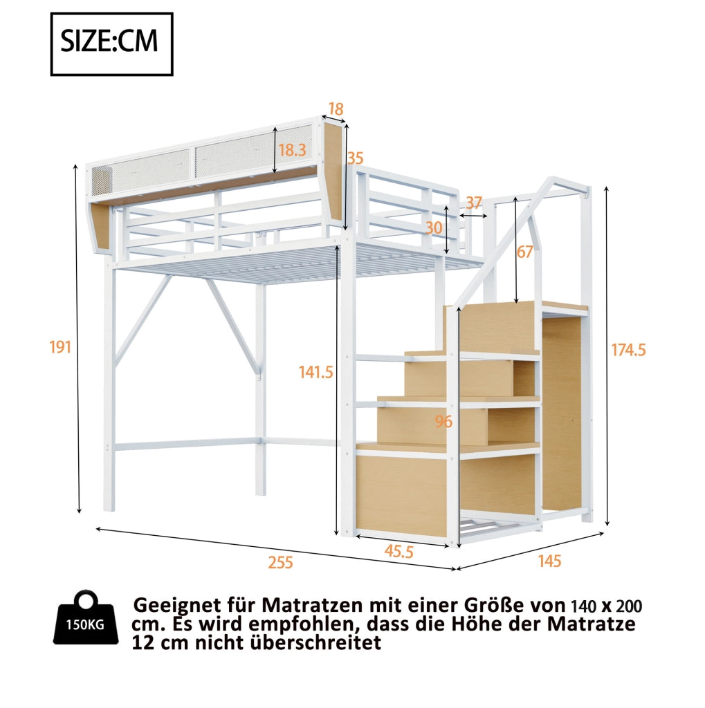Letto a soppalco 140x200 cm bianco in metallo; scala di sicurezza