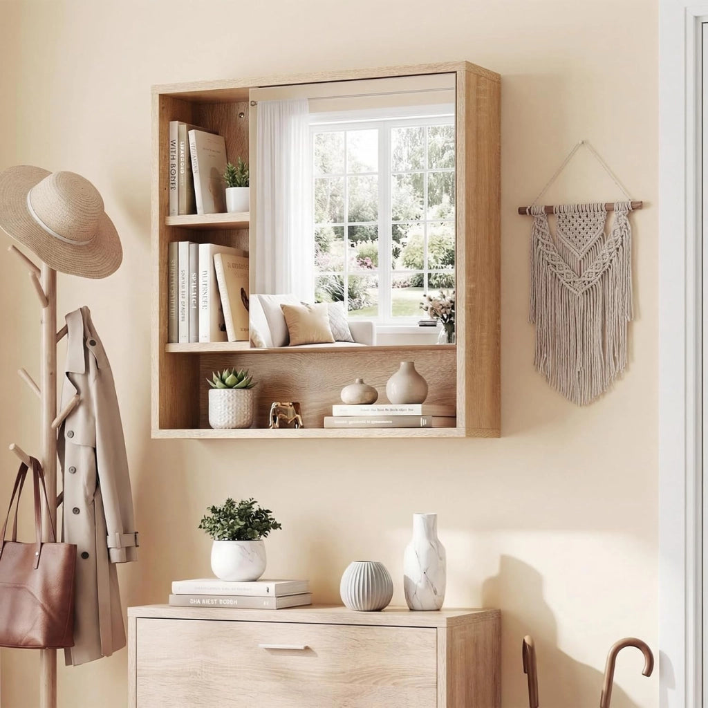 Mobile Bagno con Specchio da Parete, Specchiera Salvaspazio in Legno con Ripiano Regolabile e Scomparti Aperti, Armadietto Pensile per Bagno, Soggiorno e Cucina, 55 x 16,5 x 61 cm (Naturale)