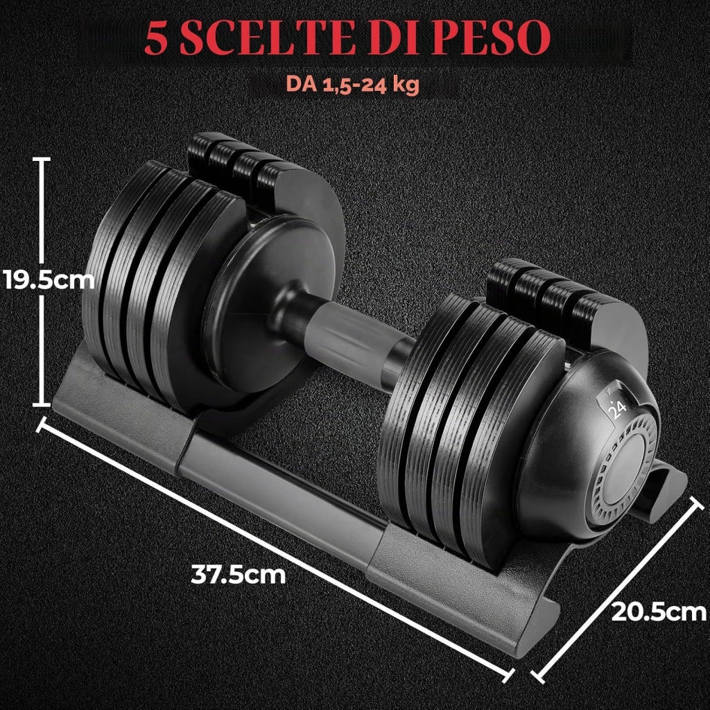 Manubri Regolabili 10kg 20kg 24kg, Set Manubri Componibili con 5 Pesi in 1, Manubri Regolabili Salvaspazio per Allenamento a Casa