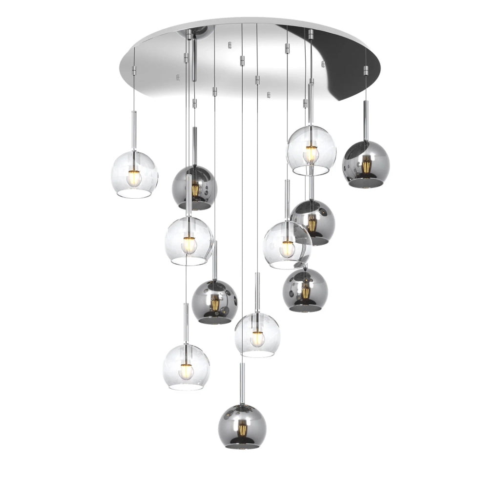 Lampadario Contemporaneo Future Metallo Cromo Vetro Trasp-Cromo 12 Luci E27