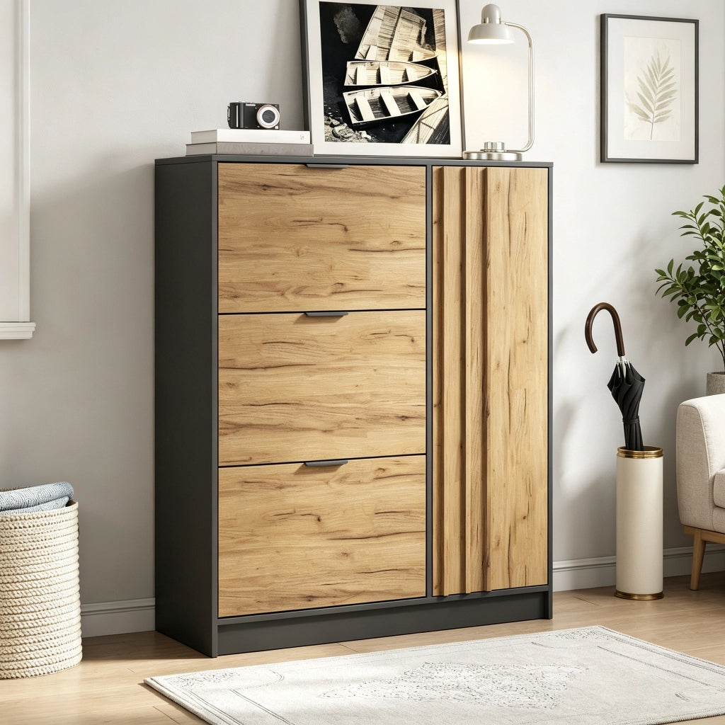 SCARPIERA 100x30x130 cm MDF color naturale e nero con 3 ribalte e 1 anta