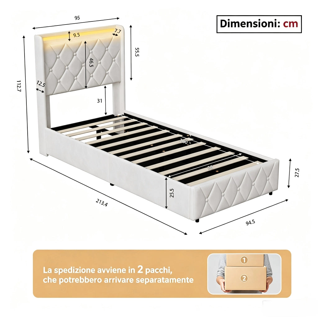Letto singolo 90x200 cm con contenitore LED USB testiera imbottita mensole rete a doghe metallo legno velluto - beige