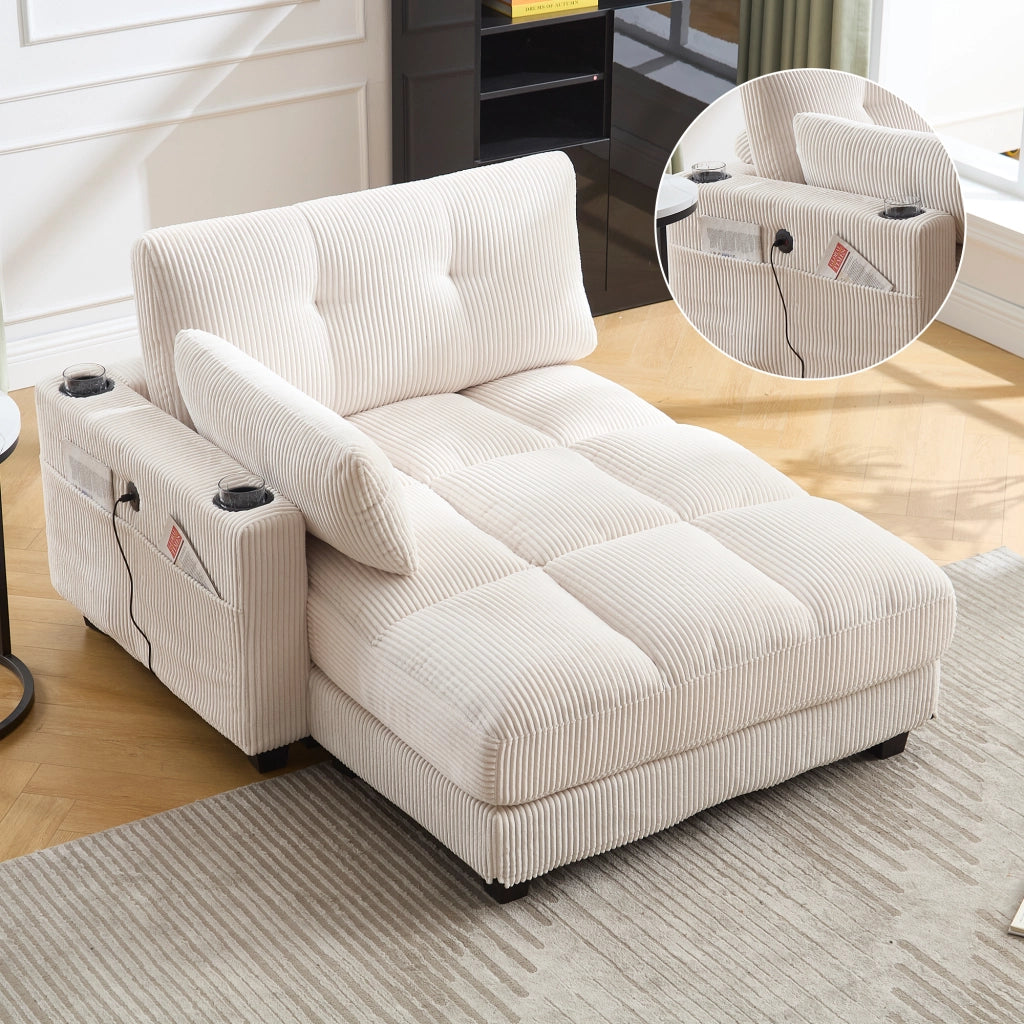 POLTRONA Lounge 140x112x81 cm in corduroy beige con portabicchieri e porta USB