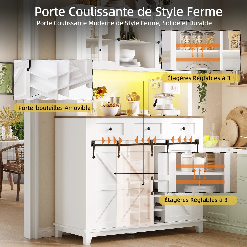 Credenza Alta da Cucina con Ante in Vetro; Ripiani Regolabili e LED; per Cucina; Bianca; 105x38;4x180 cm