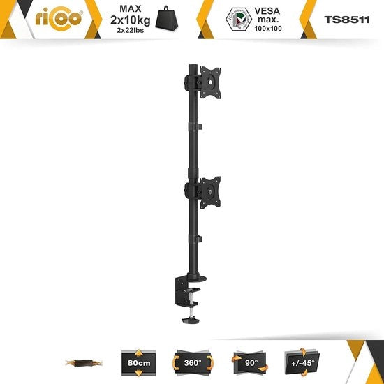 Sostegno per Doppio Monitor per Tavolo - Supporto per Schermo VESA per Tavolo per Schermi da 13 a 27 pollici - Sostegno per 2 Monitor TS8511