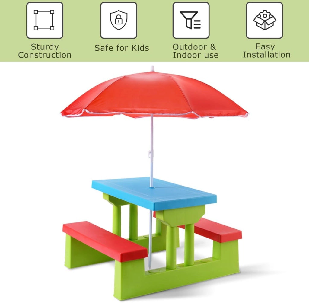 Set di Sedie per Bambini con Ombrellone, Mobili per Bambini con 1 Tavolo e 2 Panche, Set di Sedute per Bambini in PP, Set da Picnic per Parco Giardino Campeggio, Blu+Rosso+Verde