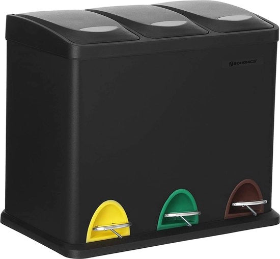 Contenitore per rifiuti - 24 L - 3-in-1 - Spazzola a pedali - Separazione rifiuti - Stagno - Imboccatura interna - Nero - 46,5 x 29,5 x (40,5-65) cm