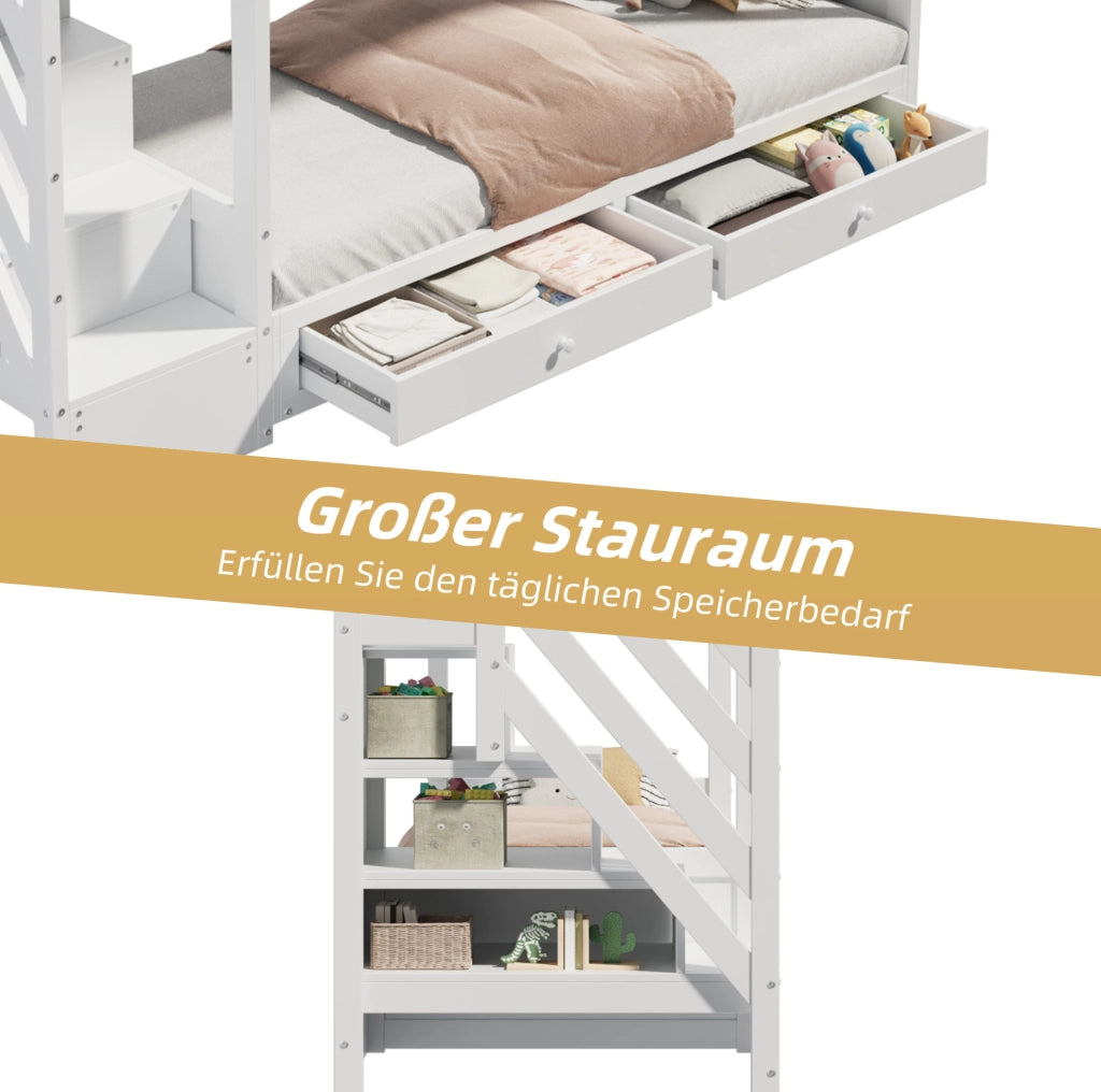 Letto a castello multifunzione 90x200 cm in legno massello e MDF; bianco; con scala contenitore e cassetti
