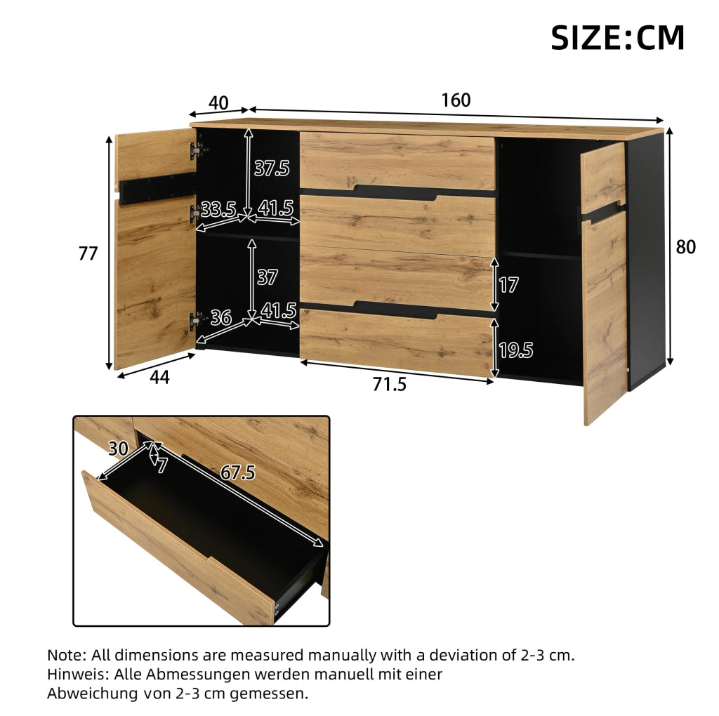 Credenza con 2 ante e 4 cassetti 160x40x80 cm nero e colore legno
