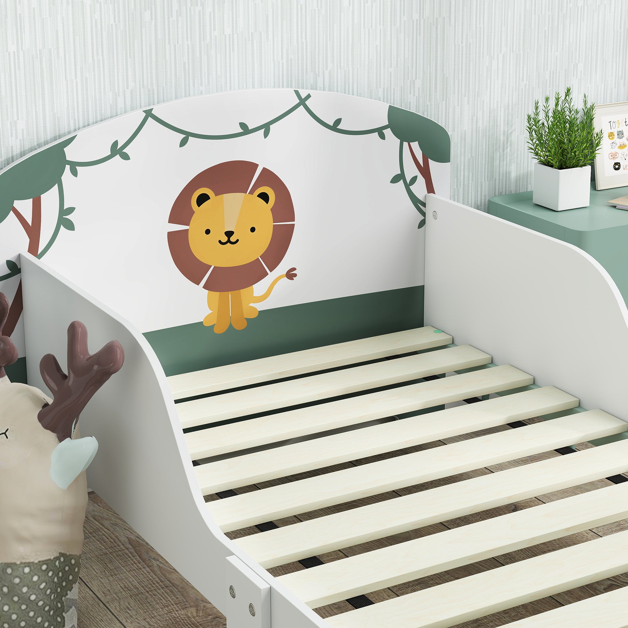 Letto Basso per Bambini 3-8 Anni 150x77x60 cm con Spazio Contenitore e Sponde Laterali in MDF Verde