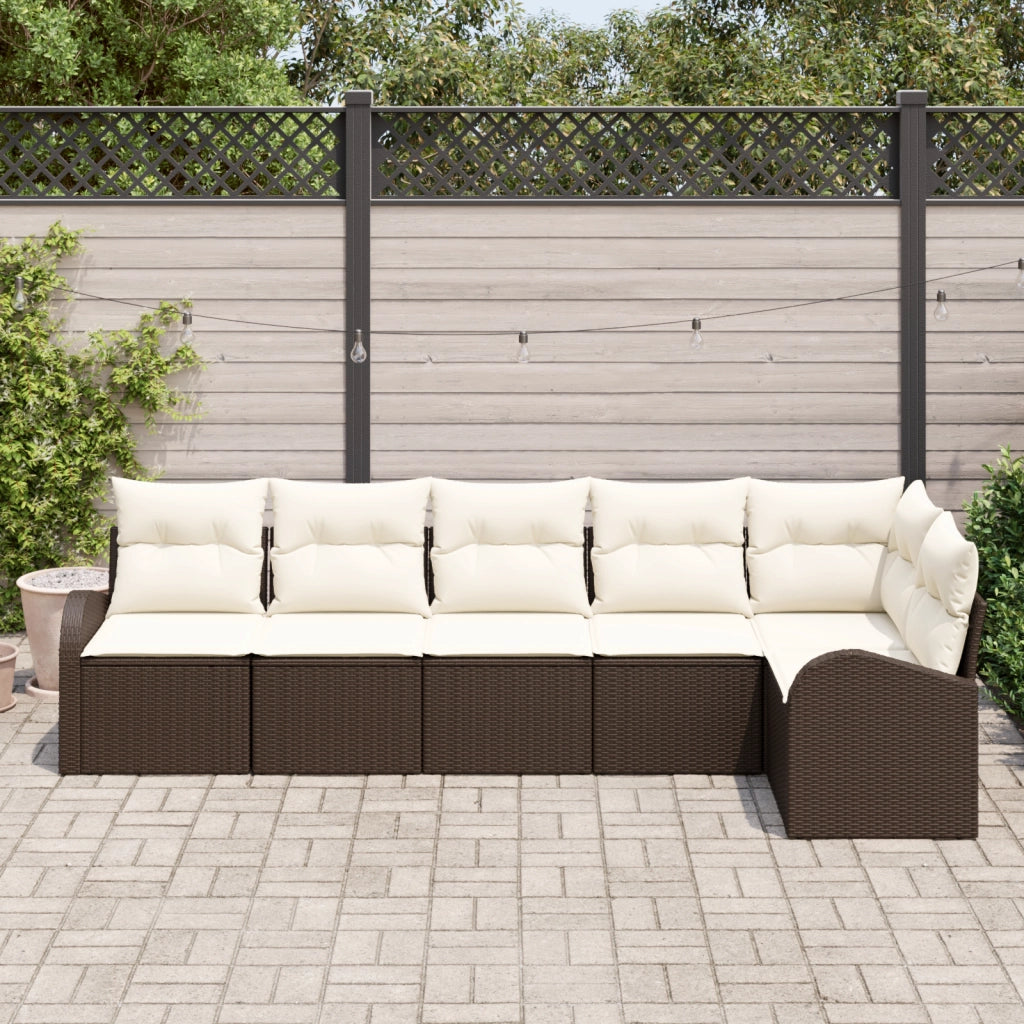 Set Divano da Giardino 6 Pezzi con Cuscini Marrone Rattan Poliestere