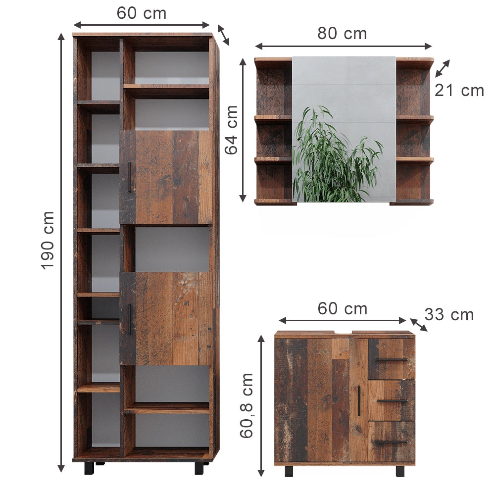 Vicco Set di mobili da bagno Rovere rustico 3 pezzi, con base 60 cm