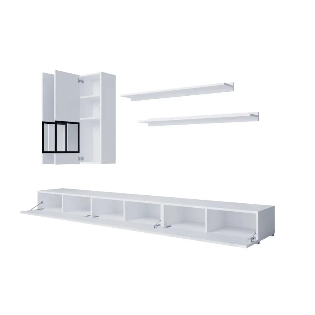 Composizione murale RAMOS – Colore bianco lucido – LED multicolori, mobile TV XL, vetrine e scaffali