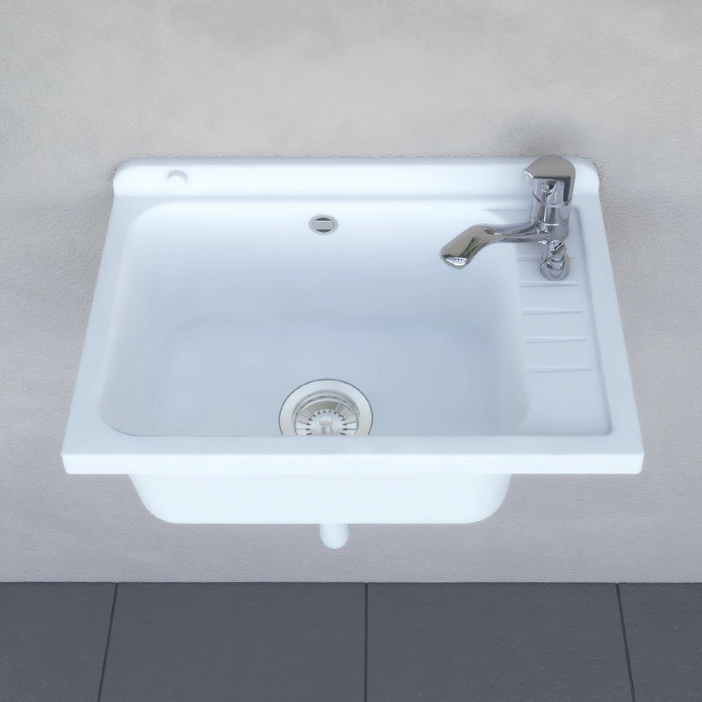 Pilozzo da muro 58x38 bianco PVC piletta in acciaio inox 9 cm inclusa