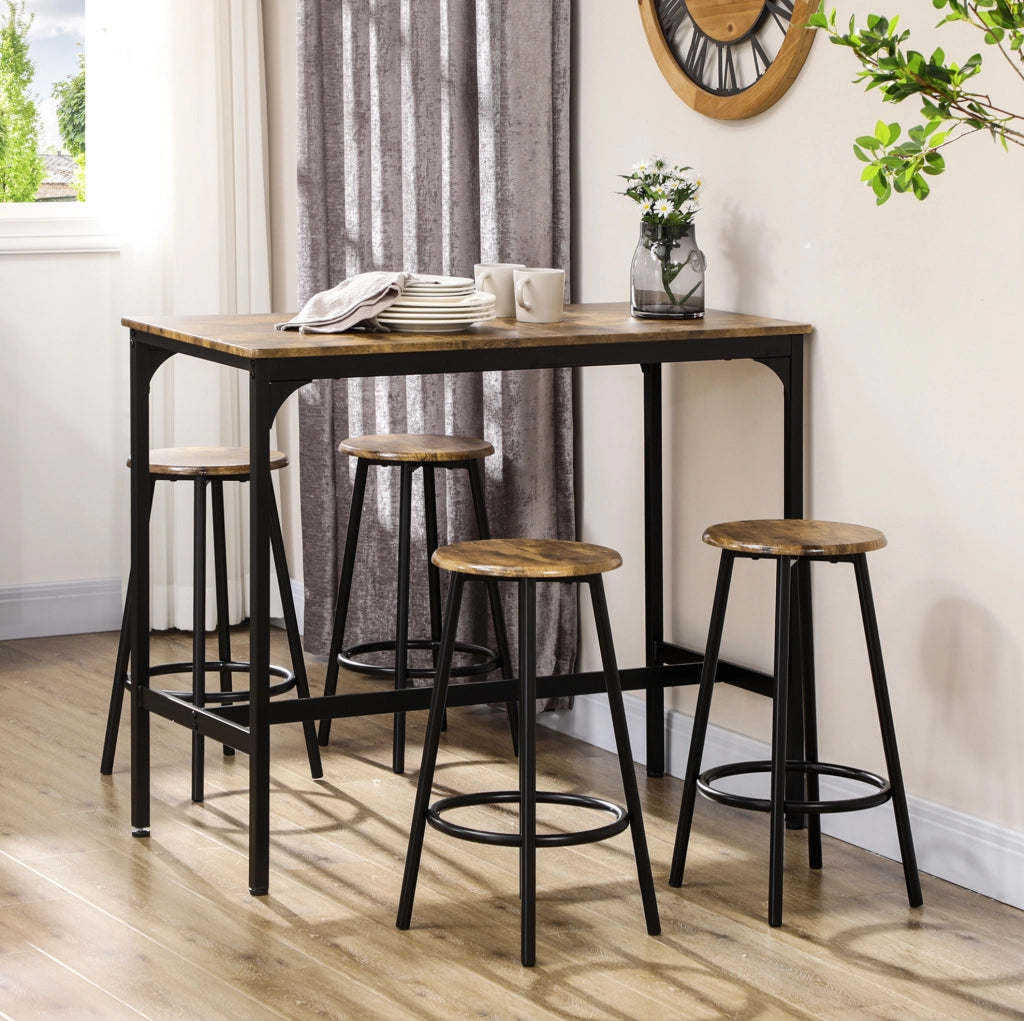 Set tavolo bar con 4 sgabelli, stile industriale, marrone e metallo