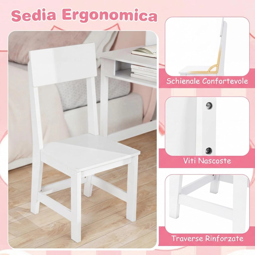 Set Scrivania e Sedia per Bambini, Tavolo per Studenti in Legno con Bacheca in Sughero, Cassetto, Pensile con Ripiani Aperti, Postazione Computer per Bambini per Studio e Lettura (Bianco)