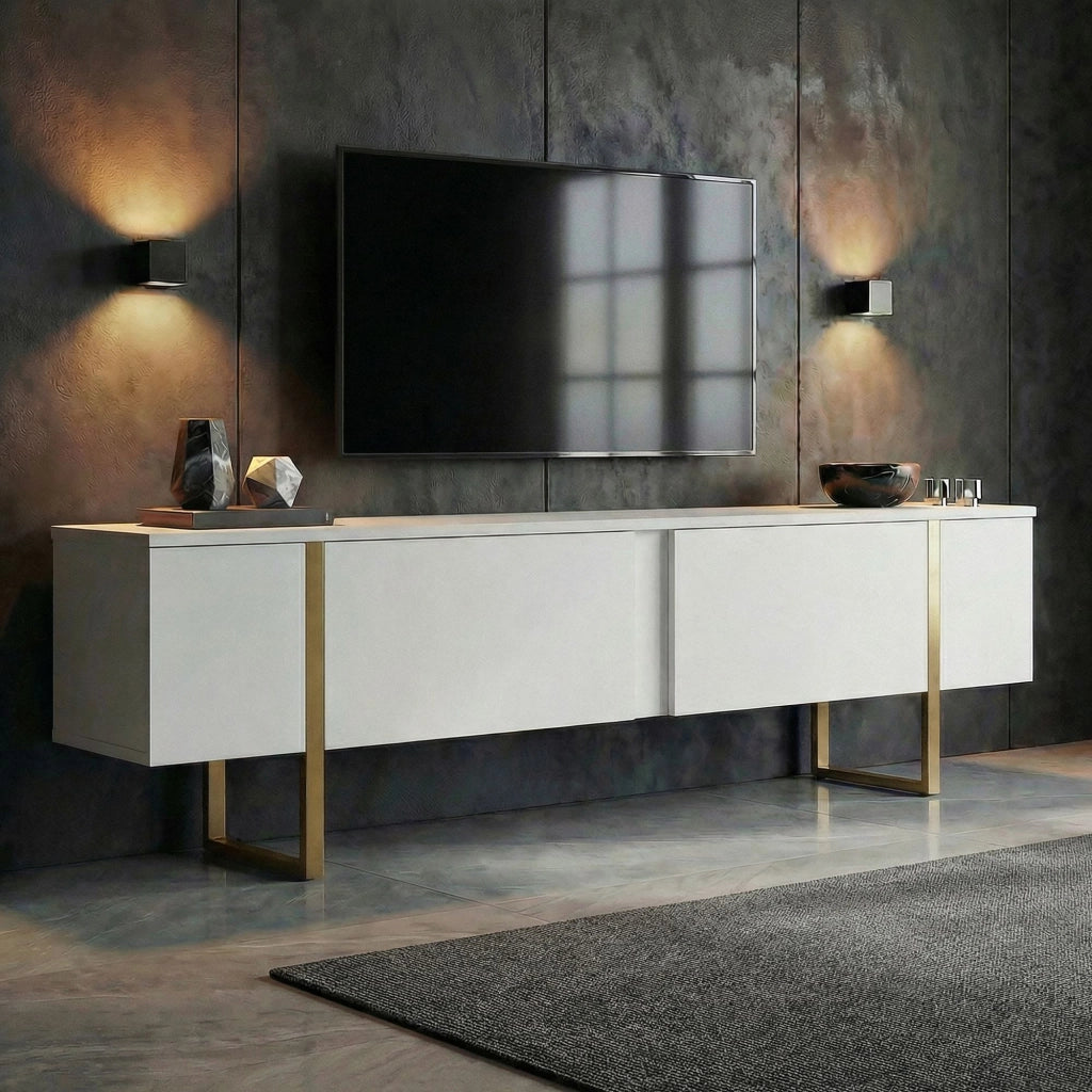 Porta TV in legno "Onera" - 180 x 30 x 50 cm - Bianco / Oro