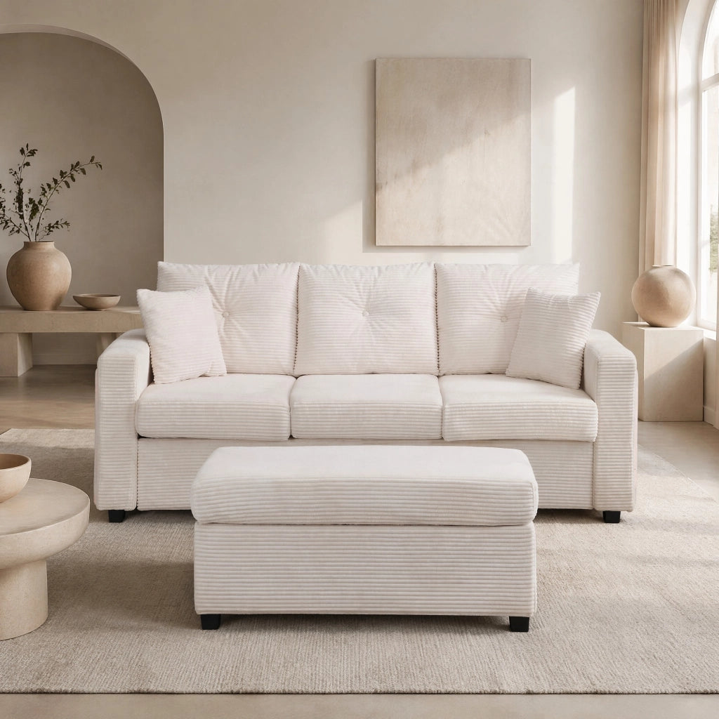 Divano angolare 3 posti con LED, contenitore e pouf convertibile in chaise longue, in velluto a coste beige