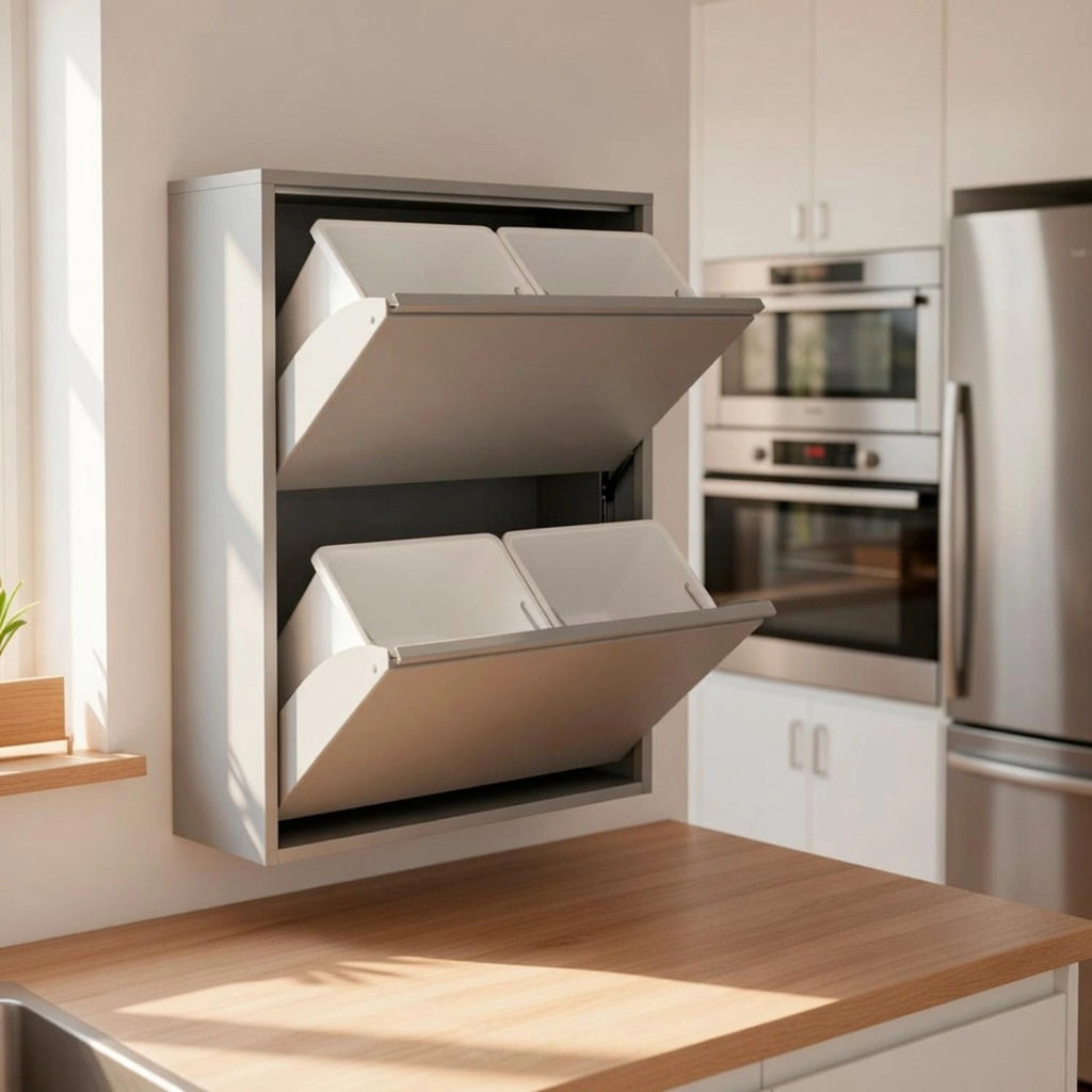 Pattumiera Raccolta Differenziata In Metallo Con 4 Cestini Estraibili E 2 Ante A Ribalta Bidone Cestino Salvaspazio Per Cucina Balcone Lavanderia Moderna 60 x 25 x 92.5 Cm Grigio