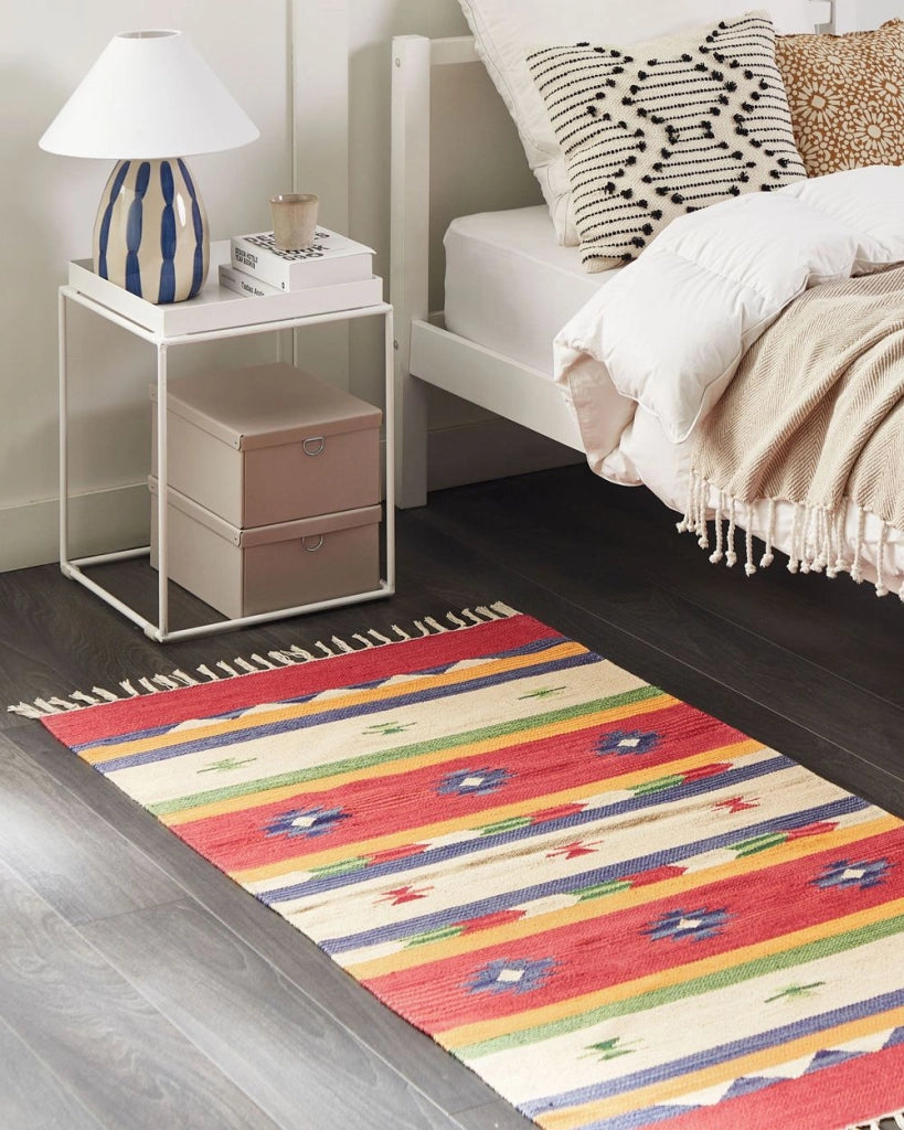 Tappeto kilim in cotone rosso beige con nappe 80 x 150 cm soggiorno camera da letto