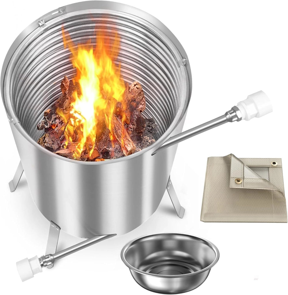 Riscaldatore per piscina, in legno, con fuoco, in acciaio inox, con spirale di riscaldamento, tappetino ignifugo e vassoio per piscina