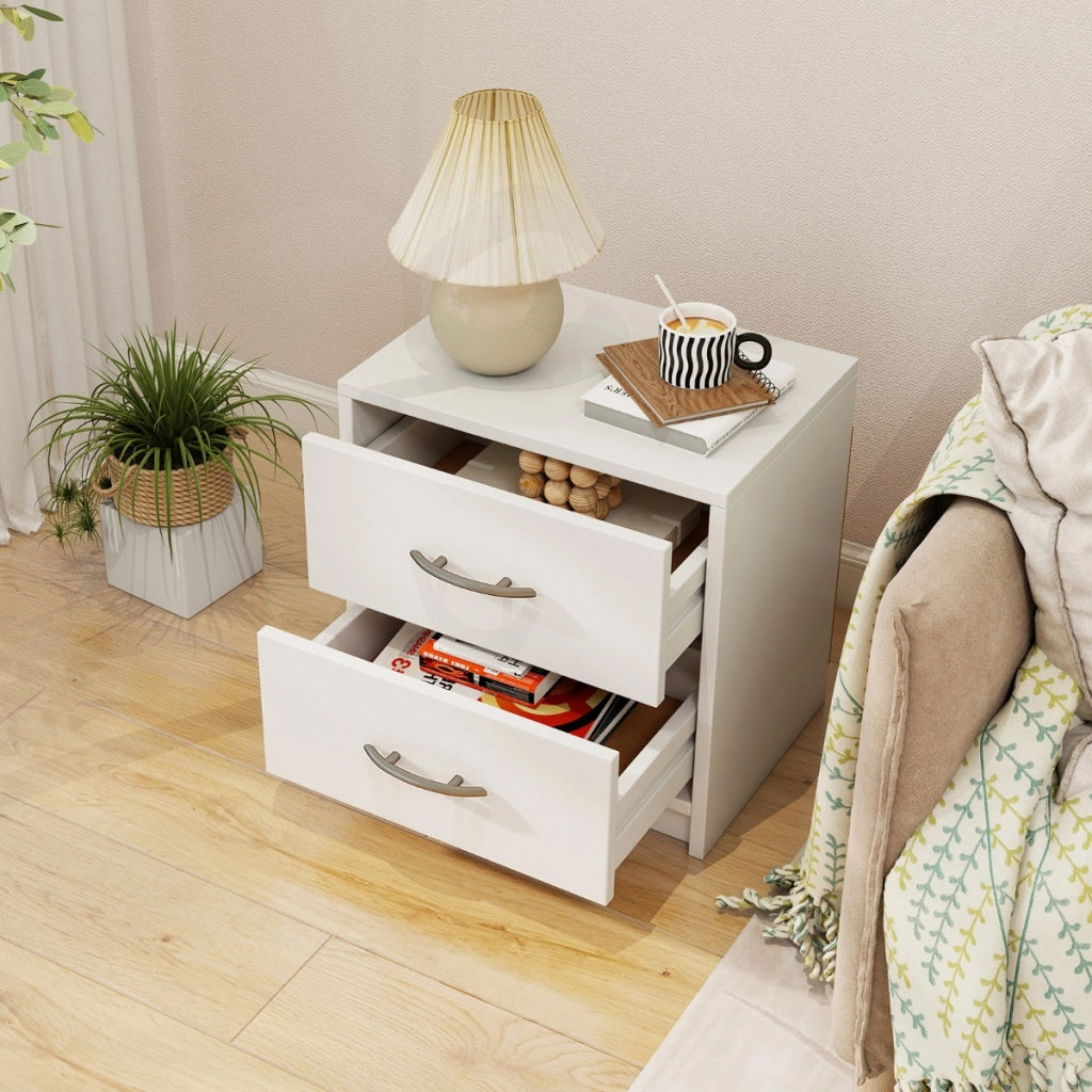 Comodino a 2 cassetti in legno con ripiano-Tavolino da notte compatto da pavimento per soggiorno camera da letto Bianco