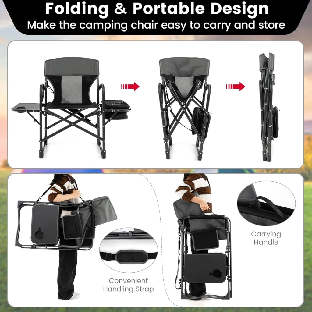 Sedia Pieghevole Da Campeggo, Sedia Campeggio Pieghevole da Esterno Giardino con Tavolo Laterale, Sedia Mare Spiaggia Pesca da Esterno Tasca Portaoggetti e Borsa Termica 53x98x113 cm