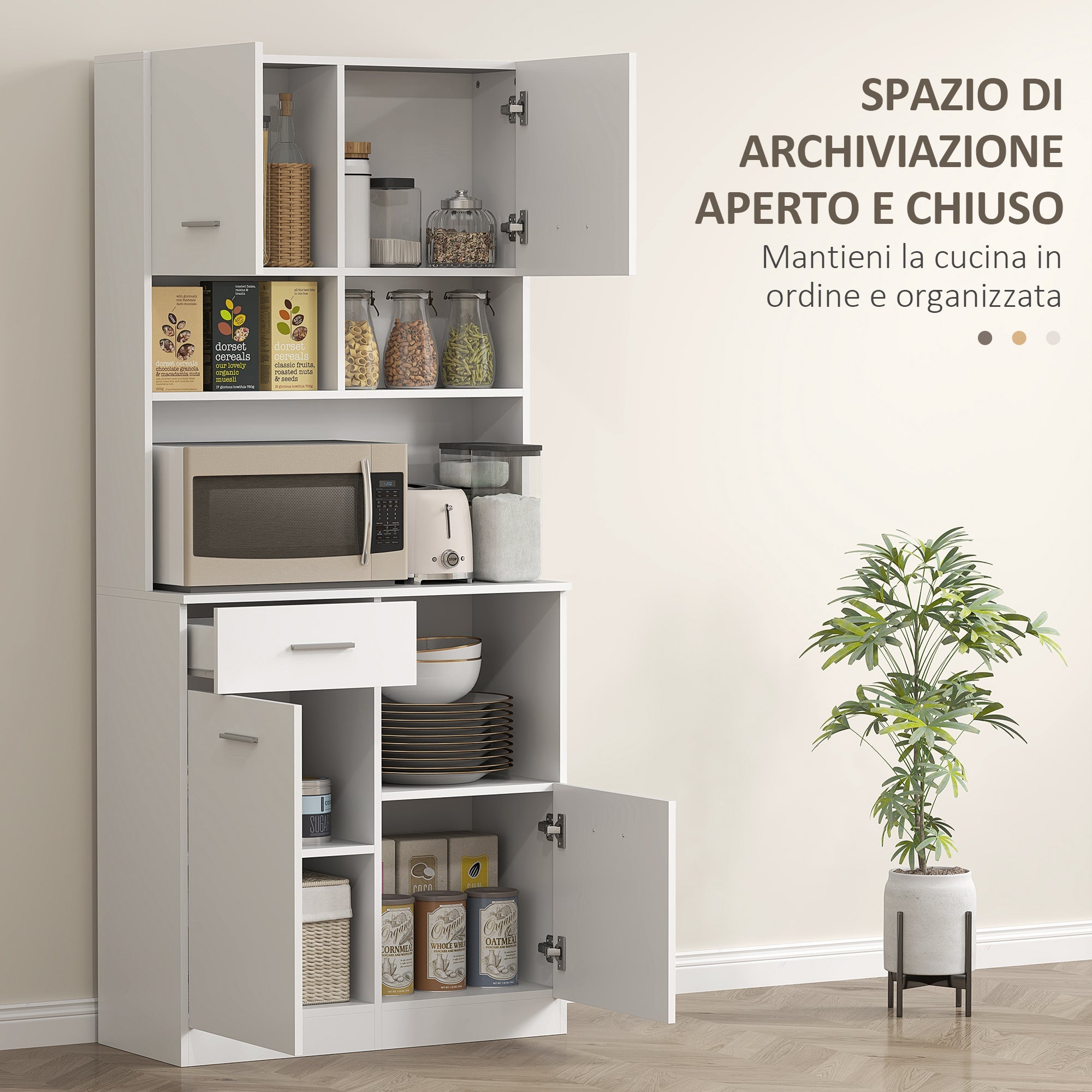 Mobile Dispensa da Cucina 80x35x180 cm 4 Armadietti 3 Ripiani e 1 Cassetto in Legno Bianco