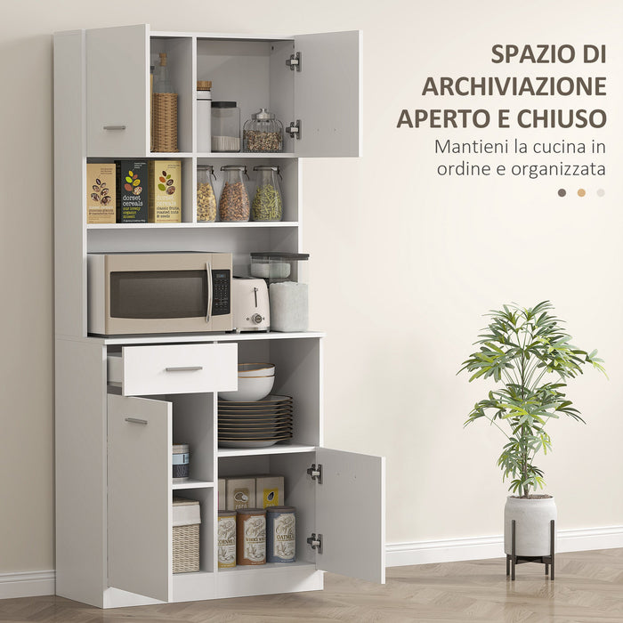 Mobile Dispensa da Cucina 80x35x180 cm 4 Armadietti 3 Ripiani e 1 Cassetto in Legno Bianco