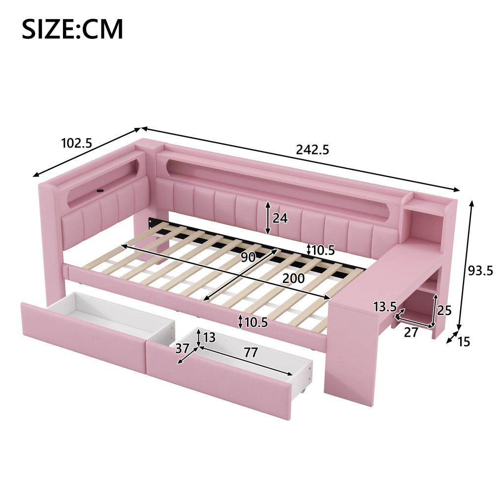 LETTO 90x200 cm imbottito Rosa con USB, LED, scrivania e 2 cassetti